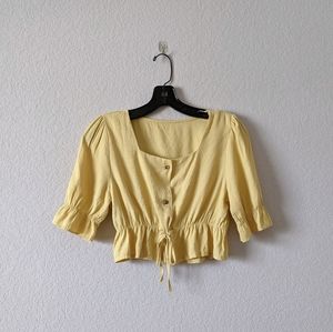 Yellow puff-sleeve drawstring-waist crop blouse